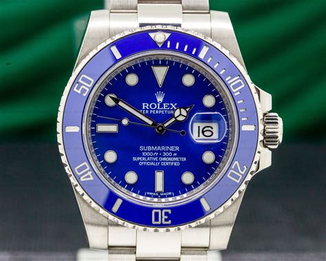 18k white gold rolex submariner|white gold submariner blue bezel.